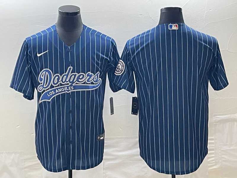 Mens Los Angeles Dodgers Blue Pinstripe Blank With Patch Cool Base Stitched Baseball Jerseys